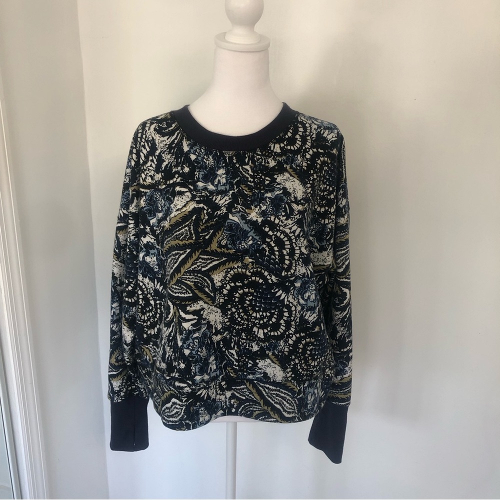 JOIE Caleigh Women Navy Floral Crewneck Long Sleeve Cropped Sweater XL